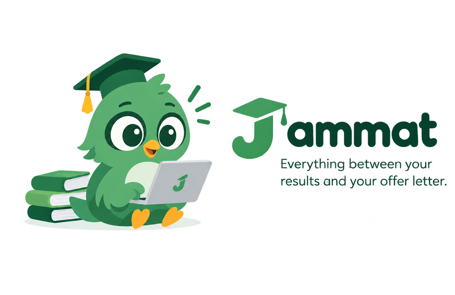 Jammat's cheerful green bird mascot wearing a graduation cap and using a laptop